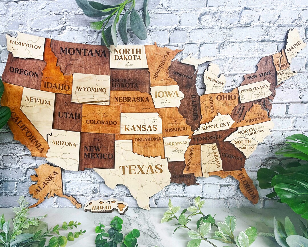 US Travel Map, Push Pin Map, Wood Map of United States, 3D US Map, Wall ...