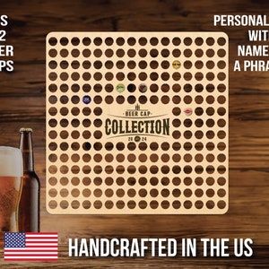 May include: A wooden beer cap display with a grid of 222 holes for collecting beer caps. The display is handcrafted in the US and can be personalized with a name or phrase. The display is shown with a few beer caps already in place.