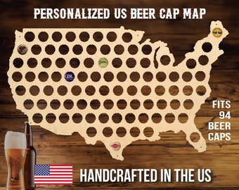 US Beer Cap Map Display Plaque - Personalized Novelty Hanging Wood Decor with 94 Beer Cap Slots for Memorable Moments