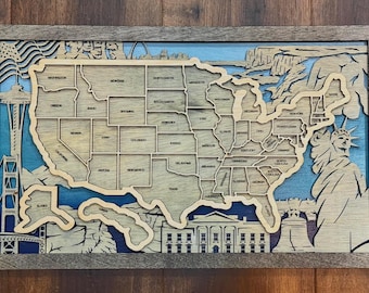 Personalized US Travel Map, US Travel Map, Travel Map Tracker, Family Road Trip Tracker, Travel Home Decor Gift for Travelers, LG 12x20