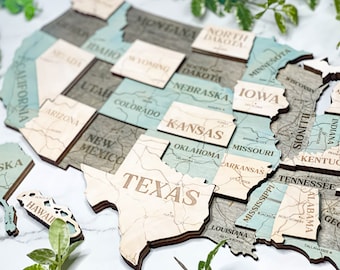 US Travel Map, Push Pin Map, Wood Map Of United States, 3D US Map, Wall Decor, Gift, USA Wooden Wall Map