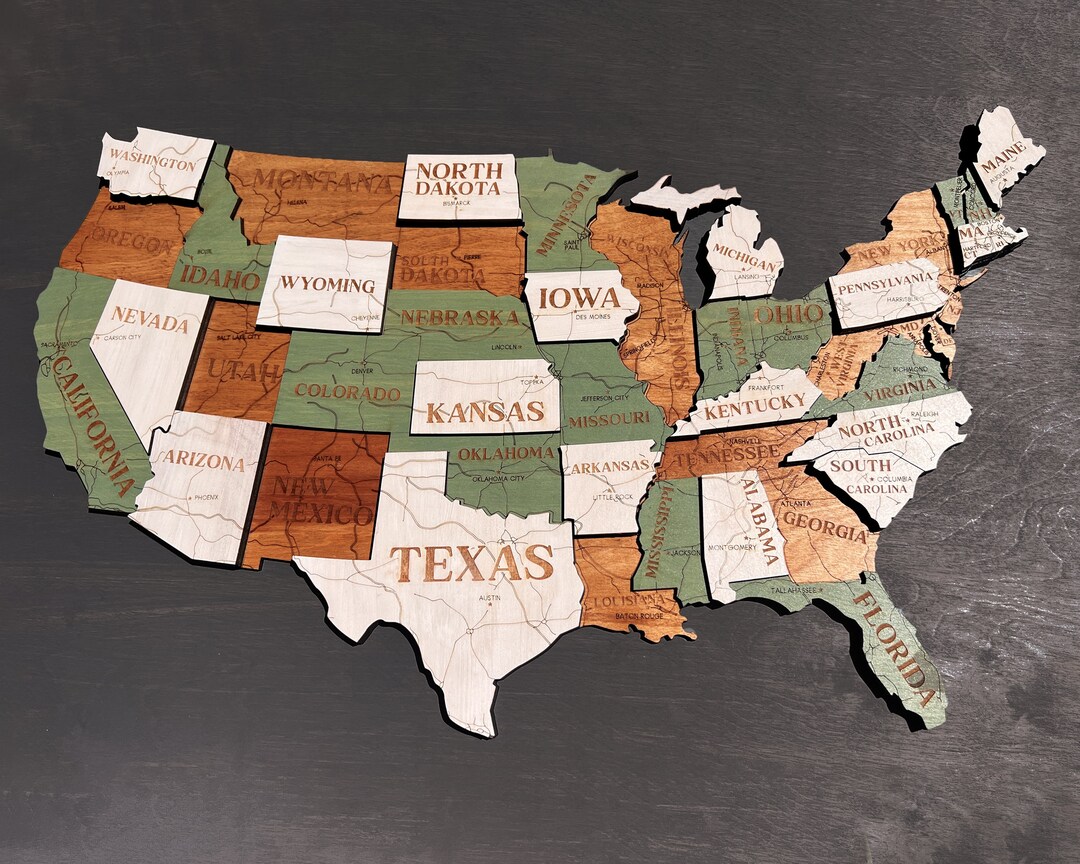 US Travel Map, Push Pin Map, Wood Map of United States, 3D US Map, Wall ...