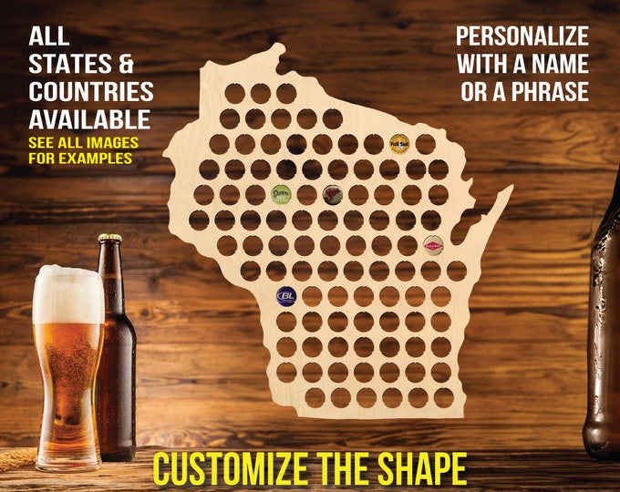 US Wisconsin State Beer Cap Map Display Plaque - Personalized Novelty Hanging Beer Cap Map Wood Decor for Beer Lovers