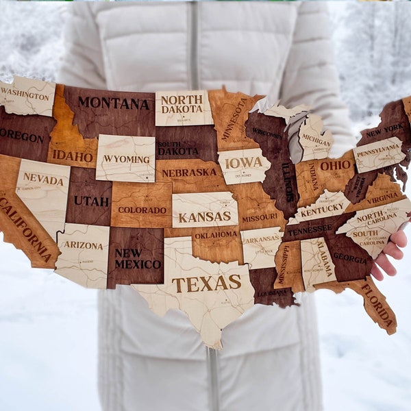 US Travel Map, Push Pin Map, Wood Map Of United States, 3D US Map, Wall Decor, Gift, USA Wooden Wall Map