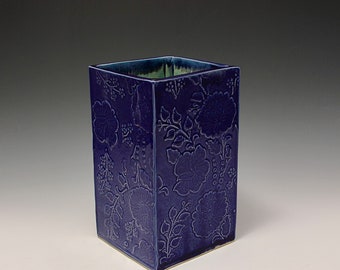 Slab Built Stoneware Flower Vase with Flower Texture Decoration by Hsin-Chuen Lin