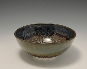 Wheel-thrown Porcelain Bowl with Red, Olive and Blue Glazes with Chattering Texture by Hsin-Chuen Lin