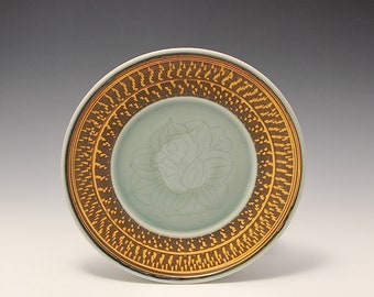 Wheel-thrown Porcelain Plate with Celadon Glaze and Sgraffito/Chattering Texture by Hsin-Chuen Lin