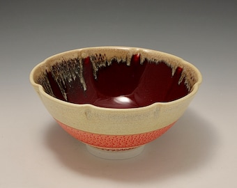Wheel-thrown Porcelain Altered Rim Bowl with Yellow & Red Glazes and Chattering texture by Hsin-Chuen Lin