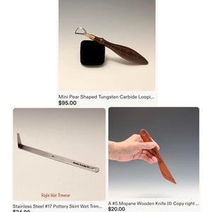 May include: A collection of pottery tools including a pear-shaped tungsten carbide looping tool with a dark wood handle, a stainless steel right wet trimmer, and a wooden knife with the text #5 Mopane Wooden Knife printed on the side.