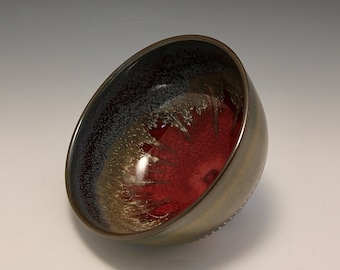 Wheel-thrown Porcelain Bowl with Red, Olive and Blue Glazes with Chattering Texture by Hsin-Chuen Lin