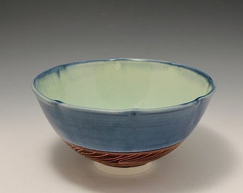 Wheel-thrown Porcelain Altered Rim Bowl with Blue and Light Green Glazes and Chattering texture by Hsin-Chuen Lin