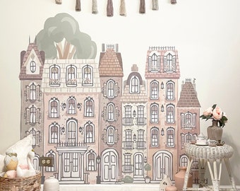 Parisian Village Wall Decal- PEEL & STICK, Street, Town, Houses, London, Wall Mural, Pretty Playroom, Unique Decor, Ballerina, Muted Rainbow