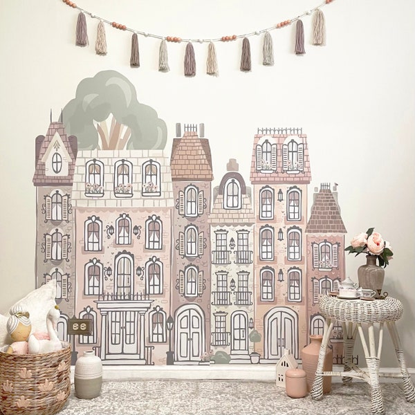 Parisian Village Wall Decal- PEEL & STICK, Street, Town, Houses, London, Wall Mural, Pretty Playroom, Unique Decor, Ballerina, Muted Rainbow