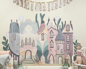 Mermaid Castle- PEEL & STICK, Town, Houses, Ocean Decor, Sea, Princess Room, Unicorn, Wall Mural, Pretty Playroom, Girl's Room, Ballerina