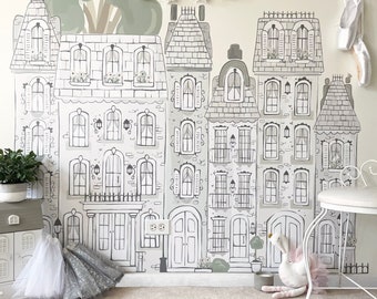 Ballerina Town Wall Decal- PEEL & STICK, Street, Town, Houses, London, Wall Mural, Pretty Playroom, Unique Decor, Madeline, Neutral Nursery