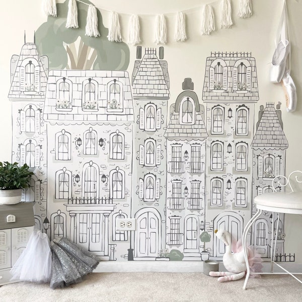 Ballerina Town Wall Decal- PEEL & STICK, Street, Town, Houses, London, Wall Mural, Pretty Playroom, Unique Decor, Madeline, Neutral Nursery