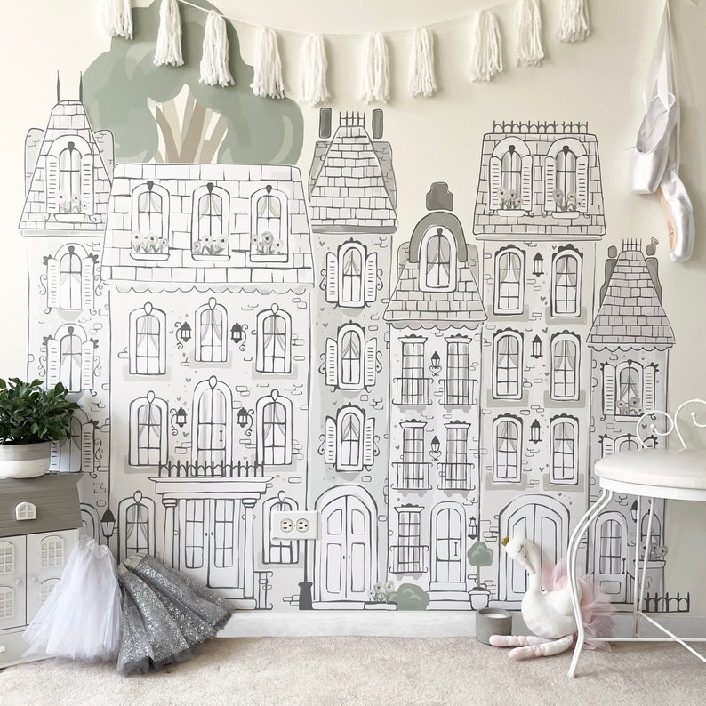 Ballerina Town Wall Decal PEEL & STICK, Street, Town, Houses, London, Wall Mural, Pretty Playroom, Unique Decor, Madeline, Neutral Nursery image 1