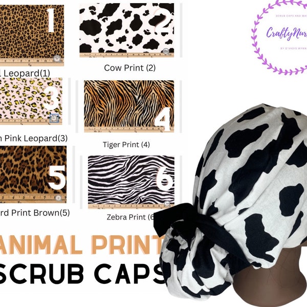 Animal Print Ponytail Scrub Cap With Buttons ~ Leopard Nurse Hat ~ Gifts for Women~ Satin Lined ~ Euro Pixie Adjustable Personalized Cap