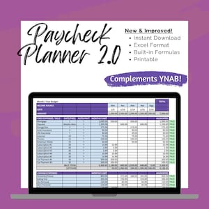 May include: A laptop computer screen displaying a spreadsheet with the title "Paycheck Planner 2.0" and the text "Complements YNAB!" The spreadsheet is a budget planner with columns for income, expenses, and allocated funds. The spreadsheet is designed to help users track their finances and manage their money.