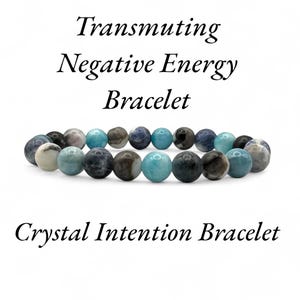 May include: A beaded bracelet with various shades of blue, gray, and cream-colored stones. The bracelet is strung together and is displayed on a white background. Text on the image reads "Transmuting Negative Energy Bracelet" and "Crystal Intention Bracelet."