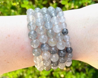 Cloudy Grey Quartz Crystal Bracelets, Gray Quartz Stone Bracelets, Authentic Grey Quartz