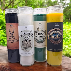 May include: Four glass jar candles with labels. The labels read "Severing Ties", "Cord Cutting", "Curse Removal", and "TimeLock". The candles are black, white, green, and yellow. The labels feature scissors, a moon, and a clock.