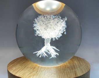 Tree of Life Crystal Ball Sphere on Wood Light Stand, 80mm Glass Sphere, Authentic 3D Engraved Crystal Ball