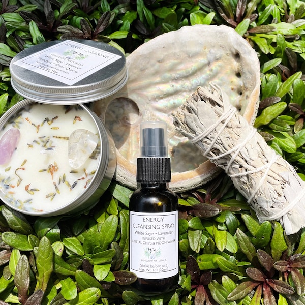 Energy Cleansing Kit, Premium Abalone Shell and Sage Stick, Crystal Infused Smudge Spray, 4oz Sage and Lavender Candle, Energy Clearing Set