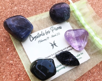 Pisces Zodiac Crystal Set, Pisces Astrological Stone Kit, Pisces Crystal Gift Bag, Authentic Crystals