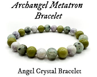 May include: Green, white, and gray gemstone bracelet with the text "Archangel Metatron Bracelet" and "Angel Crystal Bracelet".