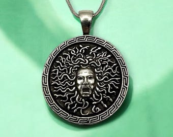 Medusa Pewter Silver Pendant on Chain, Medusa Deity Necklace 18" Chain, Greek Mythology Jewelry, Intention Necklace