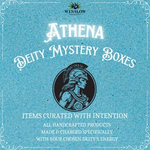 May include: A light blue background with the text "ATHENA DEITY MYSTERY BOXES". A circular graphic features a black and white illustration of a woman in a helmet. The text "ITEMS CURATED WITH INTENTION" is also present.