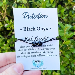Onyx Bracelet, Wish Bracelet with Black Onyx Stones, Protection Wish Bracelet, Make A Wish Crystal Bracelet, Adjustable Slip Knot Bracelet