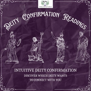 May include: A purple background with a white text overlay that reads "DEITY CONFIRMATION READINGS". Below the text are four white line drawings of deities, each with a different pose and expression. The text below the images reads "INTUITIVE DEITY CONFIRMATION DISCOVER WHICH DEITY WANTS TO CONNECT WITH YOU".