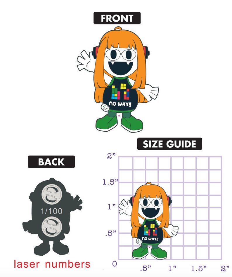 Puede incluir: Un colorido pin de esmalte con un personaje de dibujos animados con pelo naranja, auriculares y una camiseta negra con el texto "NO WAY!!". El pin mide aproximadamente 2,5 cm de alto. La parte trasera del pin es negra con dos cierres y el n&uacute;mero "1/100".
