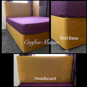 Pode incluir: Uma cabeceira e uma base de cama de veludo amarelo mostarda com um colchão de veludo roxo. Tanto a cabeceira como a base da cama são estofadas em um tecido de veludo macio e felpudo. A base da cama tem uma guarnição decorativa ao redor da borda inferior. O texto "Crafter Mania" é visível na base da cama.