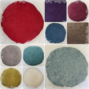 May include: A collection of round, textured cushions in various colors, including red, purple, teal, and gray. The image also shows close-ups of the fabric textures. The cushions are likely for home decor.
