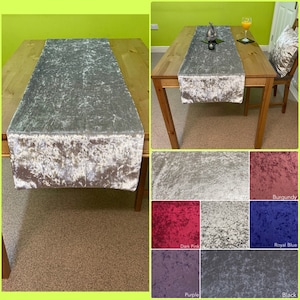 Pode incluir: Um corredor de mesa de veludo esmagado prateado. O corredor é mostrado em uma mesa de madeira com um copo de suco de laranja e uma vela. O corredor também é mostrado em outras cores: bordô, rosa escuro, creme, azul royal, roxo e preto.