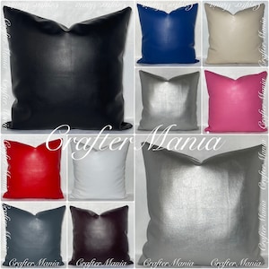 May include: Assortment of 10 faux leather throw pillow covers in various colors, including black, white, red, pink, blue, silver, and brown. The pillow covers are all square and have a smooth, shiny finish.