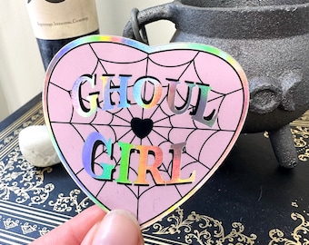 Ghoul Girl Holographic Heart Sticker | Pastel Pink Spider Web