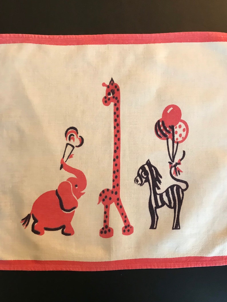 Circus Animals Vintage Linen 1950s vintage linen For a child\u2019s room decoration,placemat or framed art Charming elephant giraffe and zebra