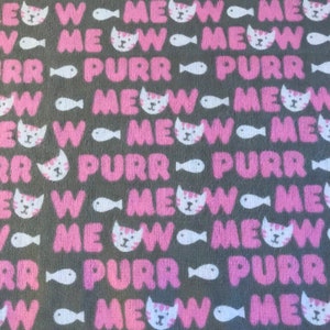 Gray Cat Fabric Destash, gray flannel with cats and fish, meow and purr, fabric for cat toys, 3 yards, by the yard
