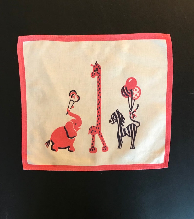 Circus Animals Vintage Linen 1950s vintage linen For a child\u2019s room decoration,placemat or framed art Charming elephant giraffe and zebra
