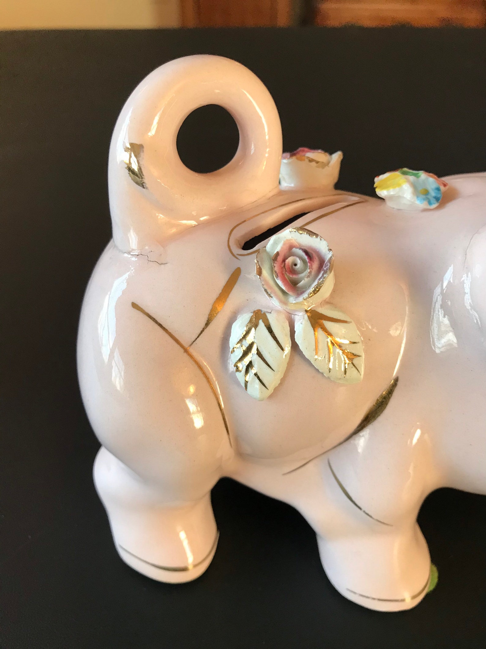 Pink Ceramic Vintage Piggy Bank With Flowers and Gold Paint. Etsy