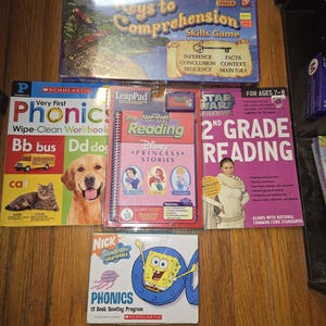 Phonics Lot: Spongebob books, Wipe Clean Workbook, Star Wars Reading, Leapfrog Disney Princesses NEW Keys to Comprehension Skills Board Game