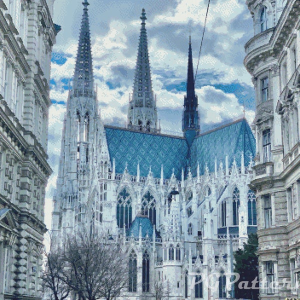Gothic Cathedral cross stitch pattern/Historical landmark counted cross stitch/Embroidery pattern/Blue building modern digital design/Vienna