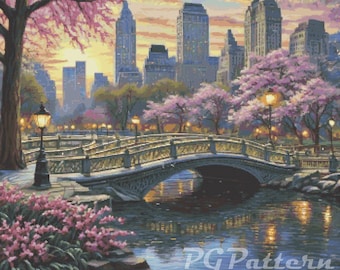 Patrón de punto de cruz "Central Park al anochecer", bordado de Nueva York (descarga PDF)