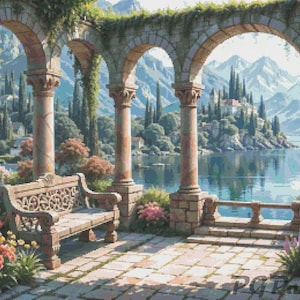 May include: A stone archway with a bench overlooking a lake and mountains in the distance. The archway is covered in greenery and flowers.