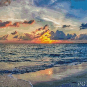 Sea sunset cross stitch PDF download pattern/Embroidery ocean landscape design/Beach cross stitching/Printable x stitch/Sunrise scenic