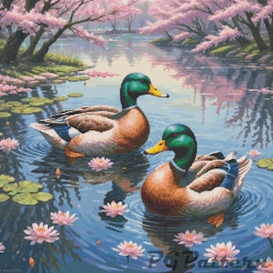 Ducks swimming in a  tranquil pond Embroidery Chart PDF Cross Stitch Pattern Instant Download